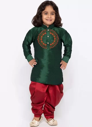 Embroidered Work Dupion Silk Kurta Pyjama In Green