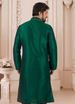 Embroidered Work Dupion Silk Kurta Pyjama In Green Color