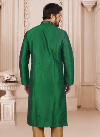 Embroidered Work Dupion Silk Kurta Pyjama In Green for Festival