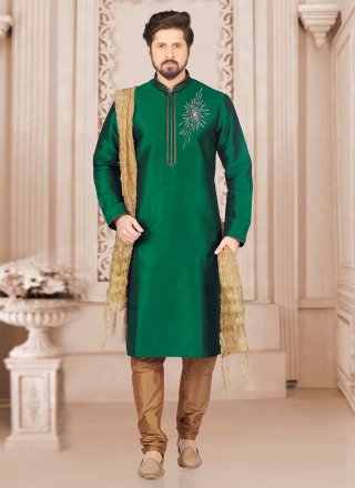 Embroidered Work Dupion Silk Kurta Pyjama In Green for Festival