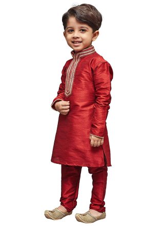 Embroidered Work Dupion Silk Kurta Pyjama In Maroon