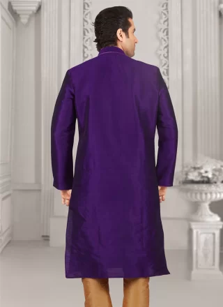 Embroidered Work Dupion Silk Kurta Pyjama In Violet Colour