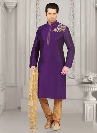 Embroidered Work Dupion Silk Kurta Pyjama In Violet Colour