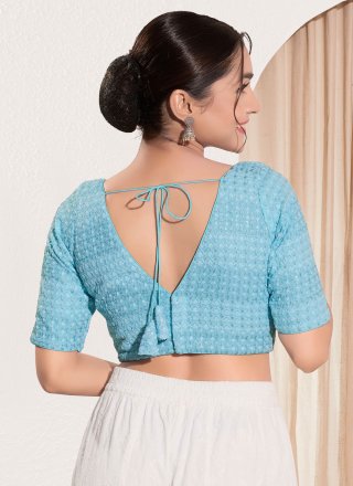 Embroidered Work Fancy Fabric Blouse In Blue for Festival