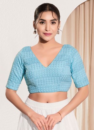 Embroidered Work Fancy Fabric Blouse In Blue for Festival