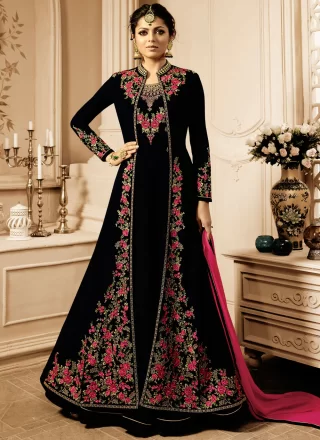 Embroidered Work Faux Georgette Anarkali Suit In Black for Party