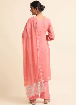 Embroidered Work Faux Georgette Pant Style Suit In Blue and Pink Colour