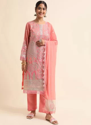 Embroidered Work Faux Georgette Pant Style Suit In Blue and Pink Colour