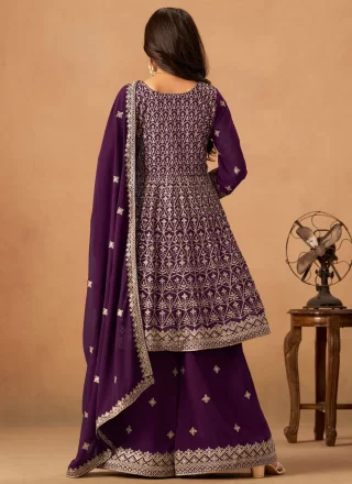 Embroidered Work Faux Georgette Salwar Suit In Purple