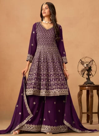 Embroidered Work Faux Georgette Salwar Suit In Purple