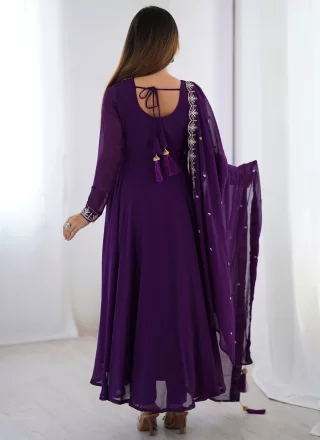 Embroidered Work Faux Georgette Salwar Suit In Purple for Ceremonial