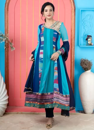 Embroidered Work Georgette Anarkali Suit In Blue