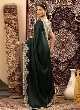 Embroidered Work Georgette Classic Saree In Green for Ceremonial