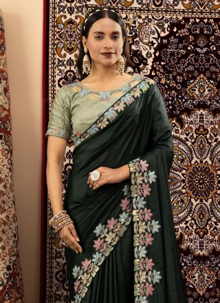 Embroidered Work Georgette Classic Saree In Green for Ceremonial