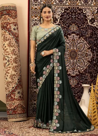 Embroidered Work Georgette Classic Saree In Green for Ceremonial