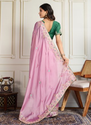 Embroidered Work Georgette Classic Sari In Pink Colour