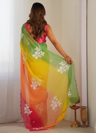 Embroidered Work Georgette Classic Sari In Yellow Color