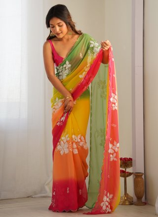 Embroidered Work Georgette Classic Sari In Yellow Color