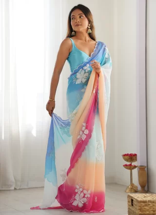 Embroidered Work Georgette Contemporary Sari In Aqua Blue for Casual