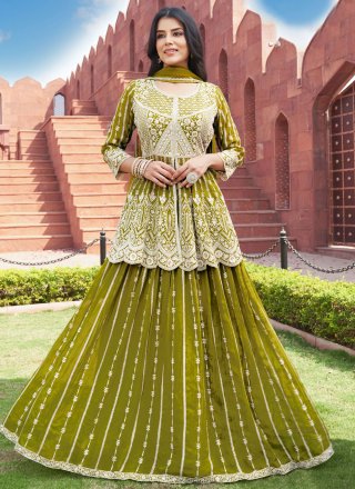 Embroidered Work Georgette Lehenga Choli In Green for Ceremonial