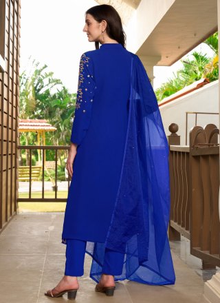 Embroidered Work Georgette Pant Style Suit In Blue