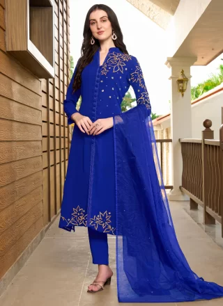 Embroidered Work Georgette Pant Style Suit In Blue