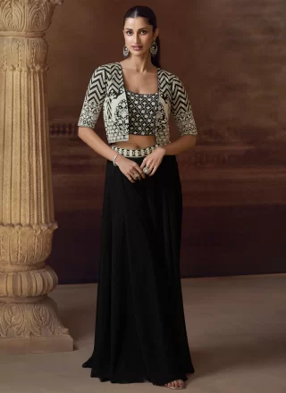 Embroidered Work Georgette Readymade Salwar Suit In Black Colour
