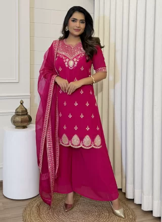 Embroidered Work Georgette Salwar Suit In Pink Color