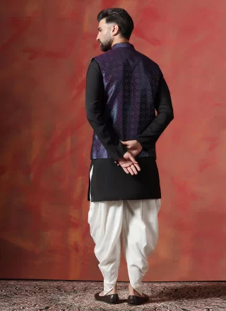 Embroidered Work Jacquard Dhoti Kurta In Black and Blue for Ceremonial