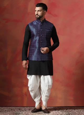 Embroidered Work Jacquard Dhoti Kurta In Black and Blue for Ceremonial