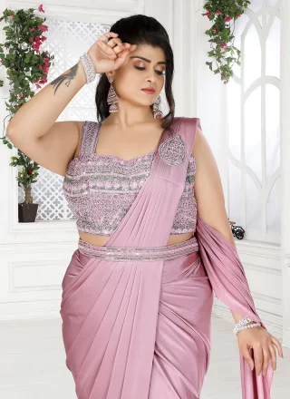 Embroidered Work Lycra Trendy Saree In Peach for Ceremonial