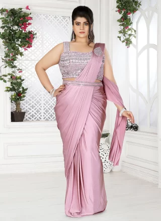 Embroidered Work Lycra Trendy Saree In Peach for Ceremonial