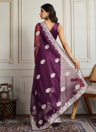 Embroidered Work Net Classic Saree In Purple for Casual