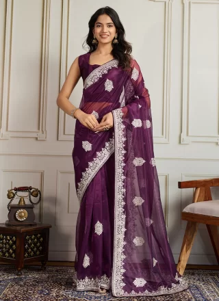 Embroidered Work Net Classic Saree In Purple for Casual
