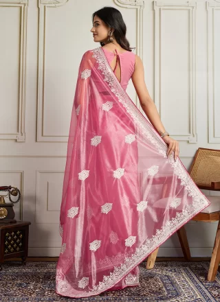 Embroidered Work Net Trendy Saree In Pink