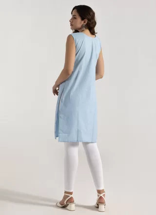 Embroidered Work Rayon Casual Kurti In Aqua Blue Color