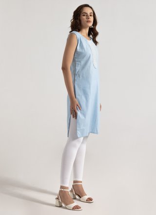 Embroidered Work Rayon Casual Kurti In Aqua Blue Color