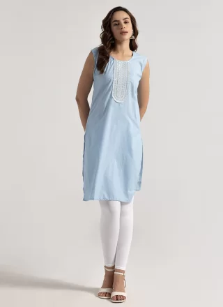 Embroidered Work Rayon Casual Kurti In Aqua Blue Color
