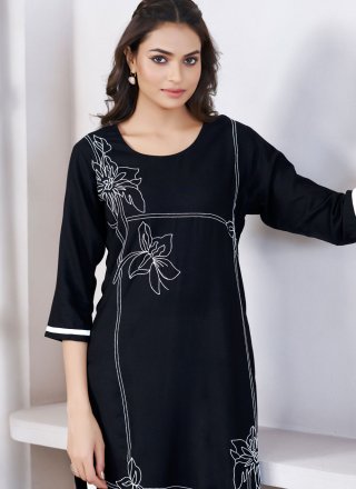 Embroidered Work Rayon Casual Kurti In Black for Casual