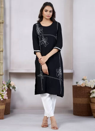 Embroidered Work Rayon Casual Kurti In Black for Casual