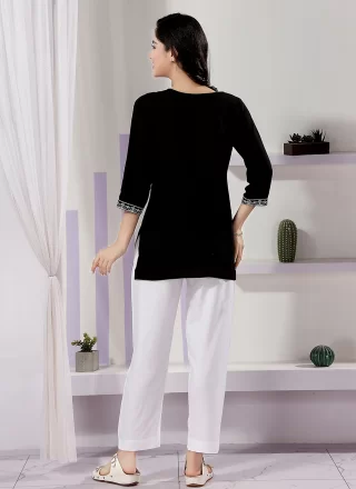 Embroidered Work Rayon Designer Kurti In Black Color