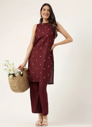 Embroidered Work Rayon Designer Kurti In Maroon Color
