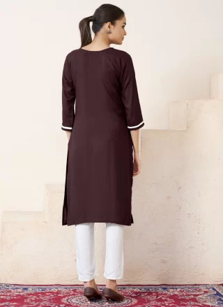 Embroidered Work Rayon Party Wear Kurti In Wine