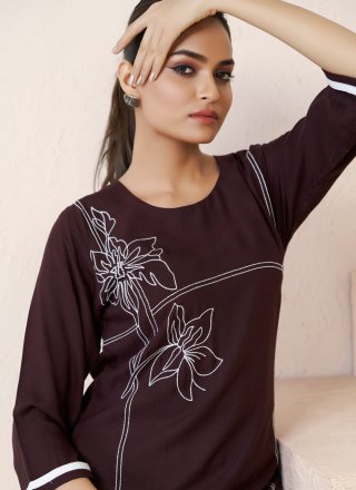 Embroidered Work Rayon Party Wear Kurti In Wine