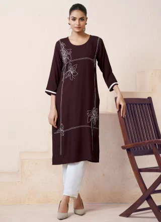 Embroidered Work Rayon Party Wear Kurti In Wine