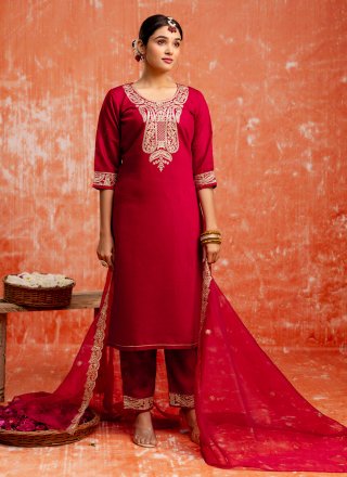 Embroidered Work Rayon Salwar Suit In Maroon Color