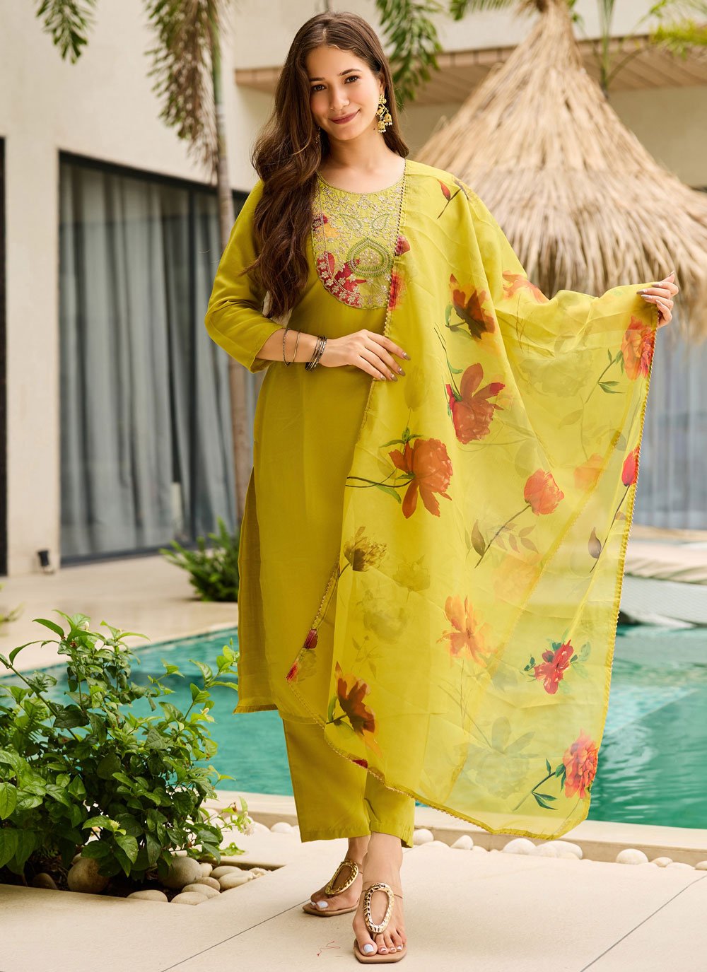 Shop Online Embroidered Work Rayon Salwar Suit In Yellow 325906