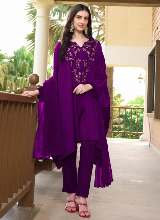 Embroidered Work Satin Salwar Suit In Purple