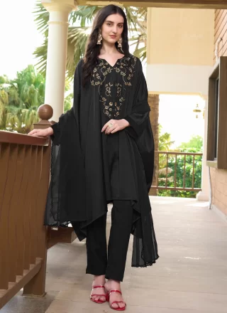 Embroidered Work Satin Trendy Suit In Black
