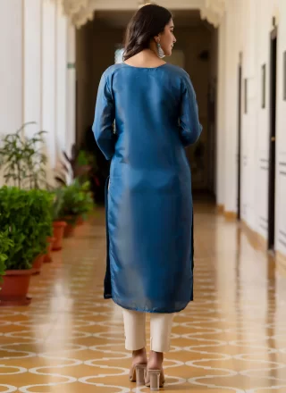 Embroidered Work Shimmer Casual Kurti In Blue Color